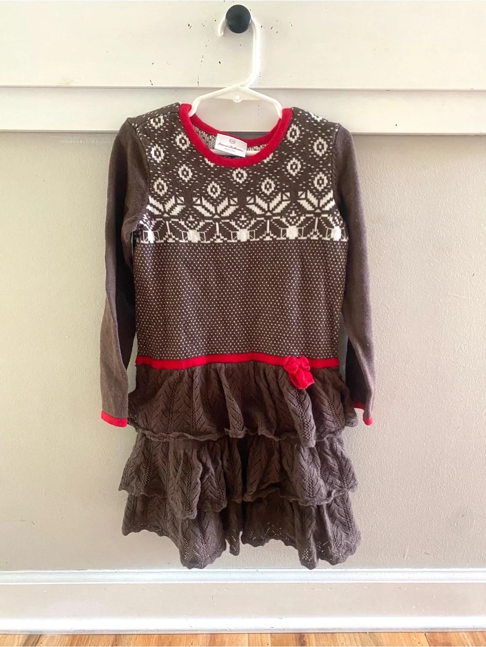 Hanna Andersson Holiday Fair Isle Sweater Dress Brown Tiered Cotton Sz 110 US 5